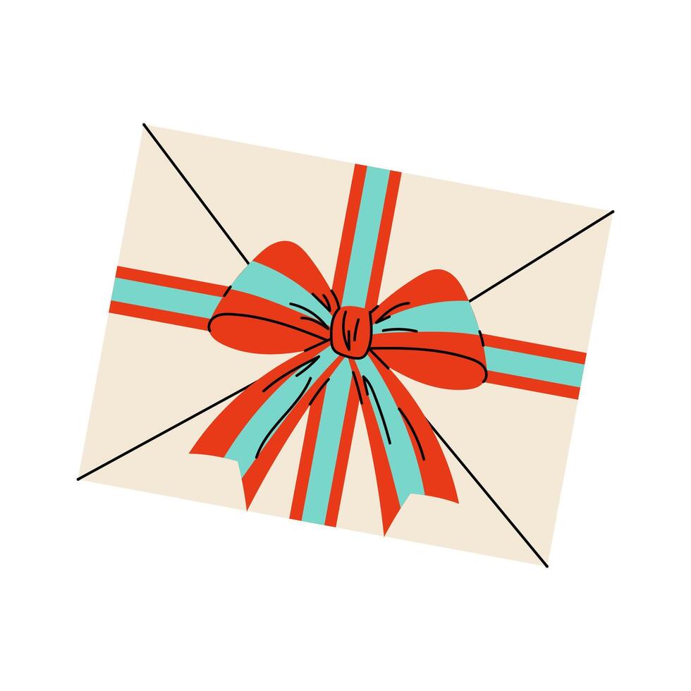 Envelope tied with a festive bow. Christmas greeting card icon. Post Office. Letters to Santa Claus. Flat illustration on white background. vector