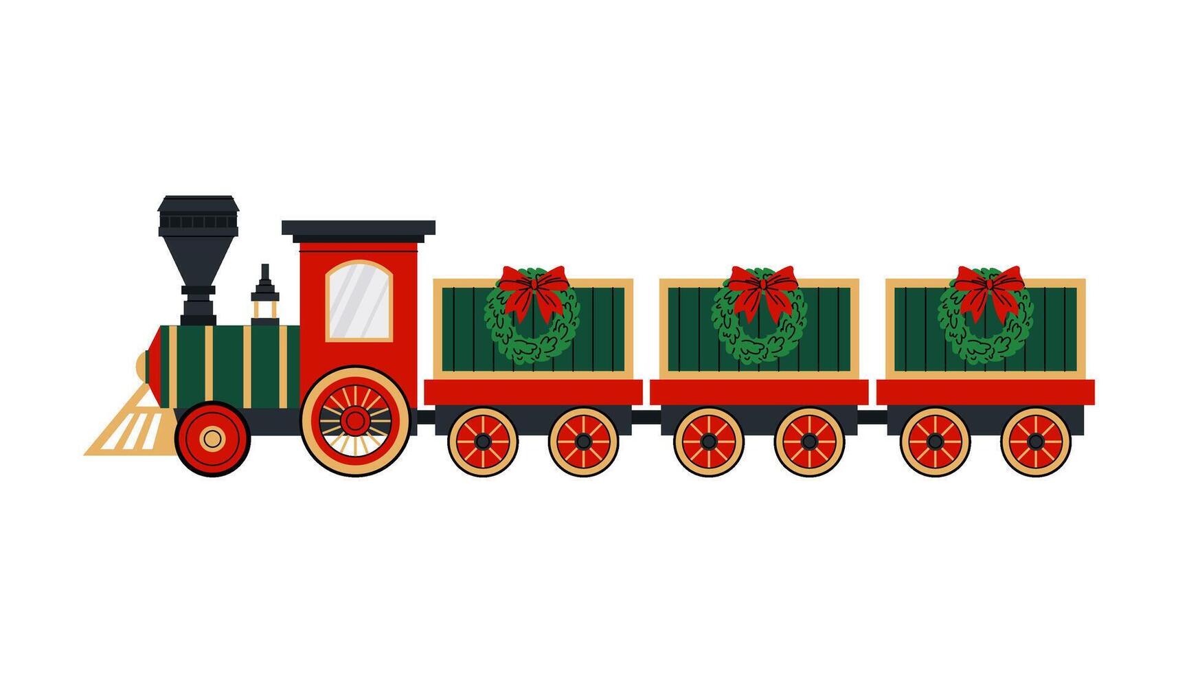 Train. Christmas train toy. Steam train with wagons decorated with Christmas wreaths and bows. Flat illustration on white background. vector