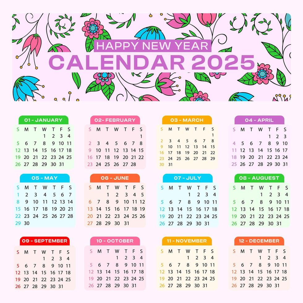Happy year 2025 colorful calendar template in modern style vector