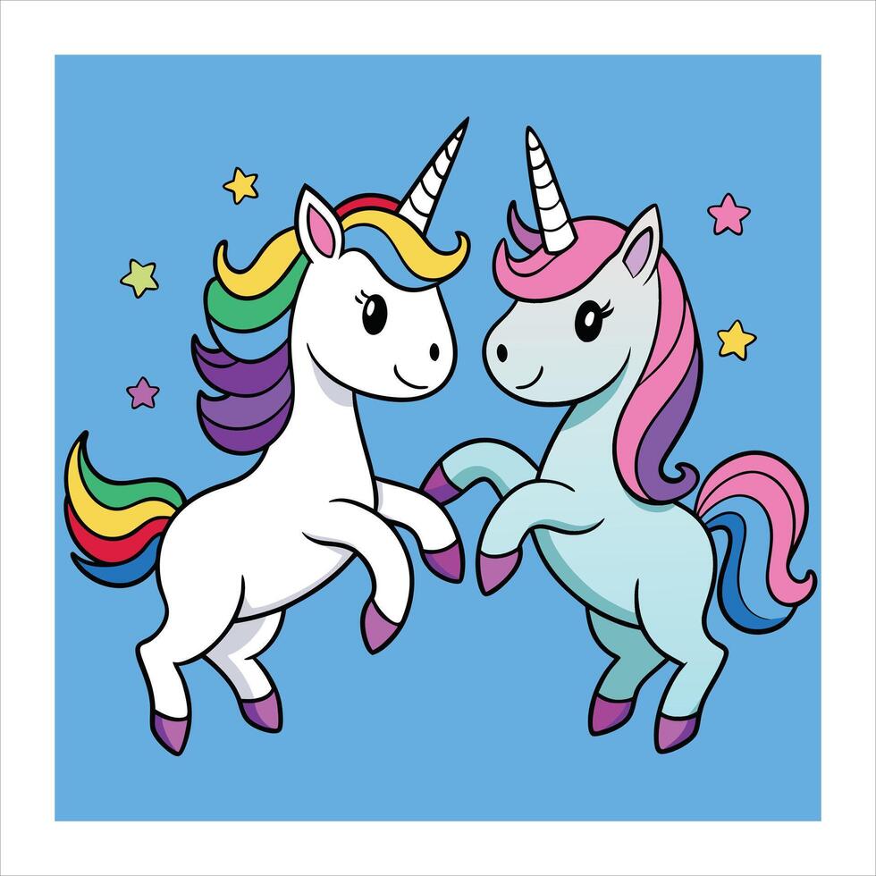 Two unicorns dancing in front of a blue background vector