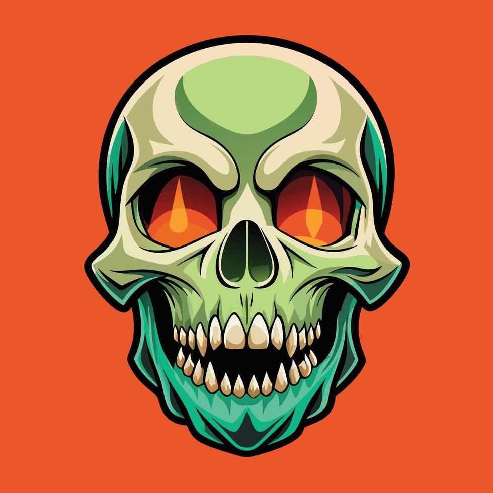 A cartoon skull with red eyes on an orange background vector