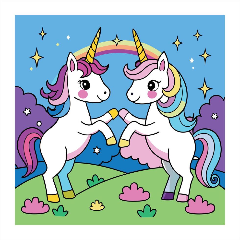 Two unicorns are fighting in the field with a rainbow in the background vector