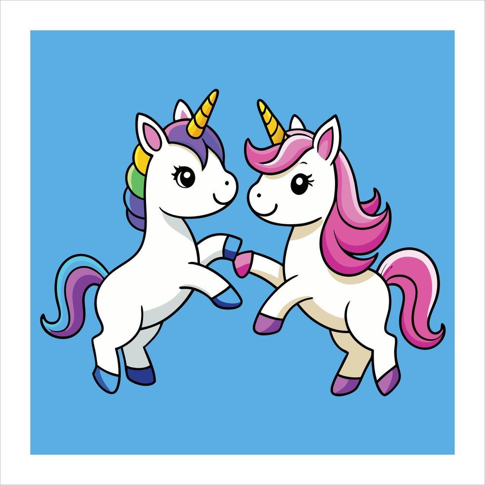 Two unicorns are dancing together on a blue background vector