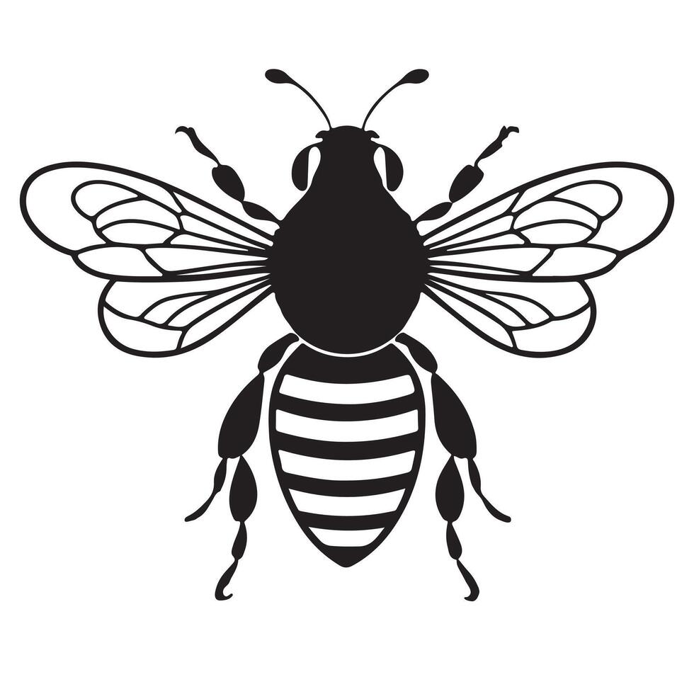 A sleek bee silhouette with a rounded body, delicate wings, and bold stripes, symbolizing hard work, teamwork, and nature. vector