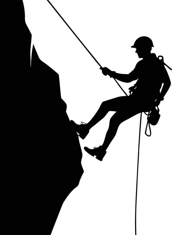 Silhouette of a Rock Climber Rappelling Down vector