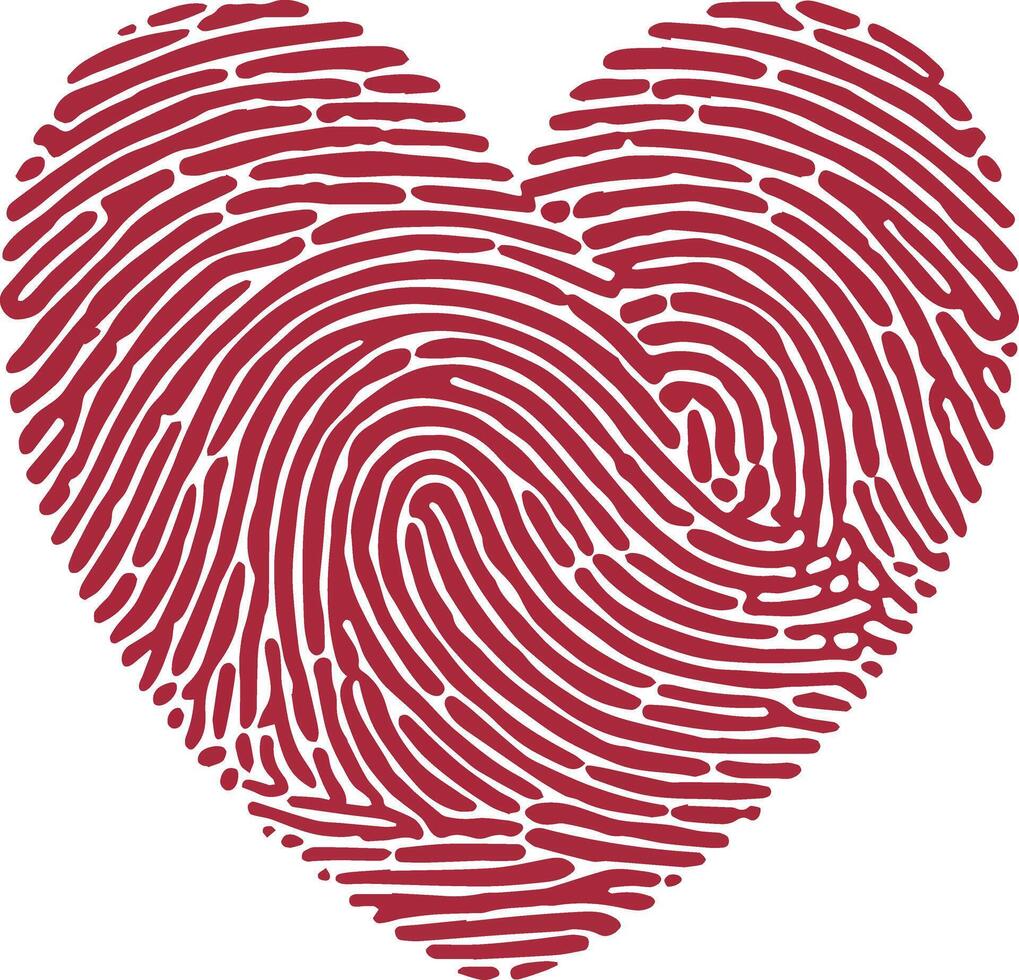 A red fingerprint shaped as a heart. Represents unique love and identity vector