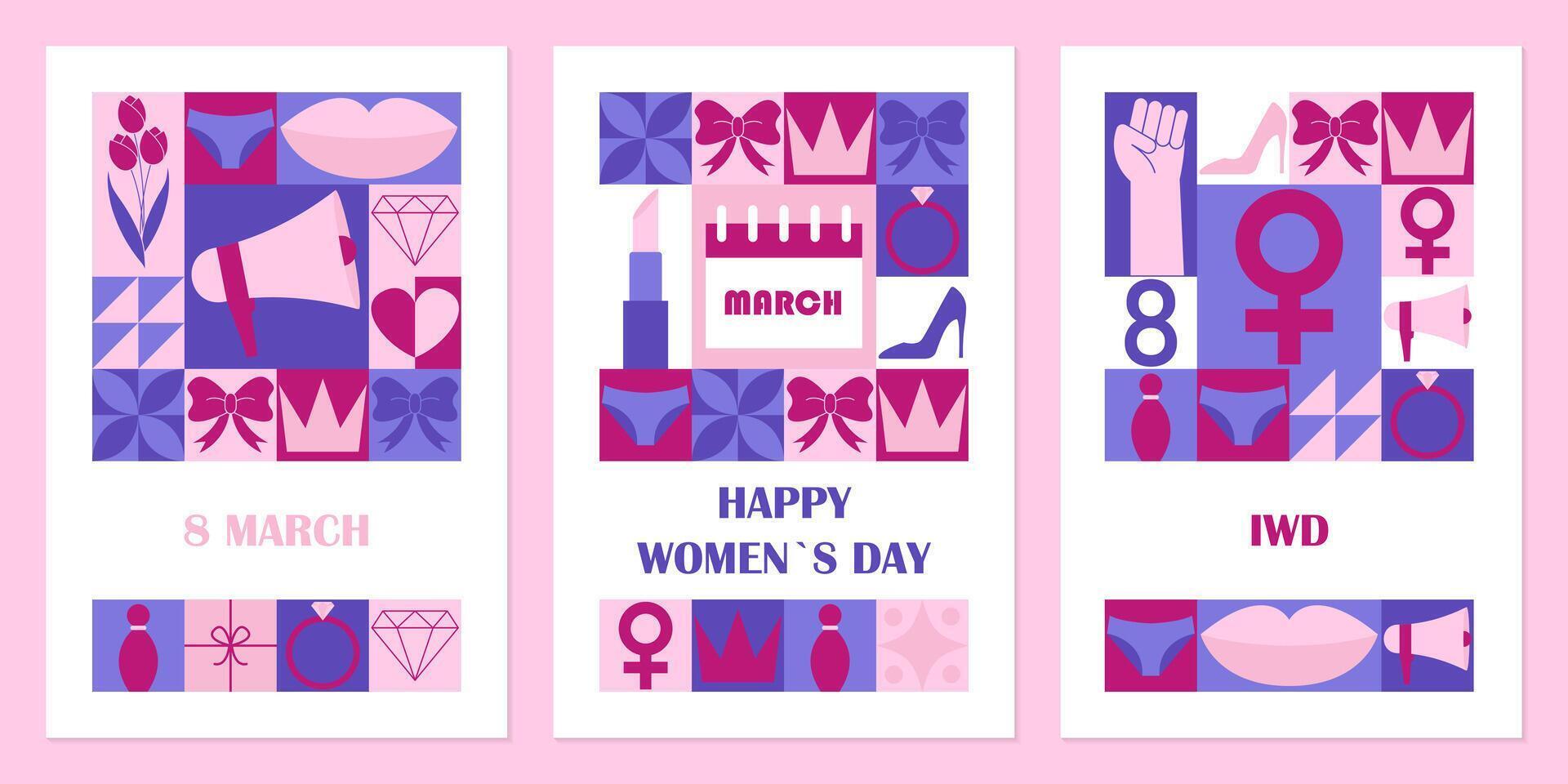 Happy Womens Day greeting cards. Set of modern geometric backgrounds. Abstract neo geometric pattern. Template for postcard or invitations. illustration vector