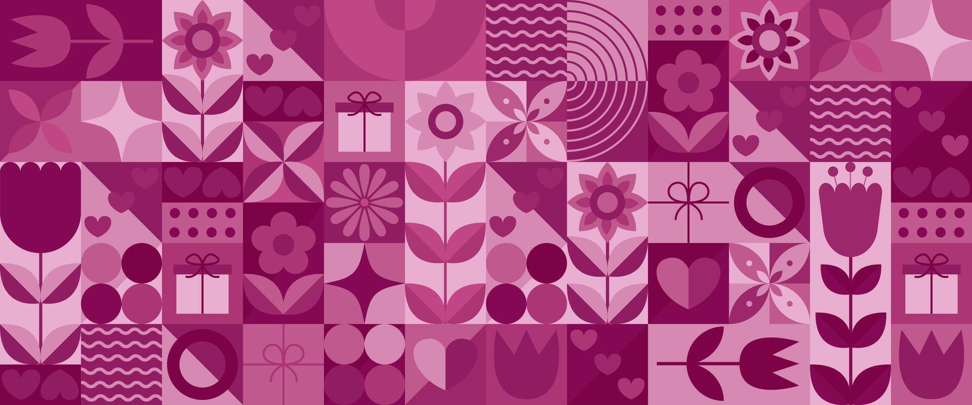 Mothers day modern geometric background. Festive banner with flowers, gift boxes, hearts and geomertic shape. illustration vector