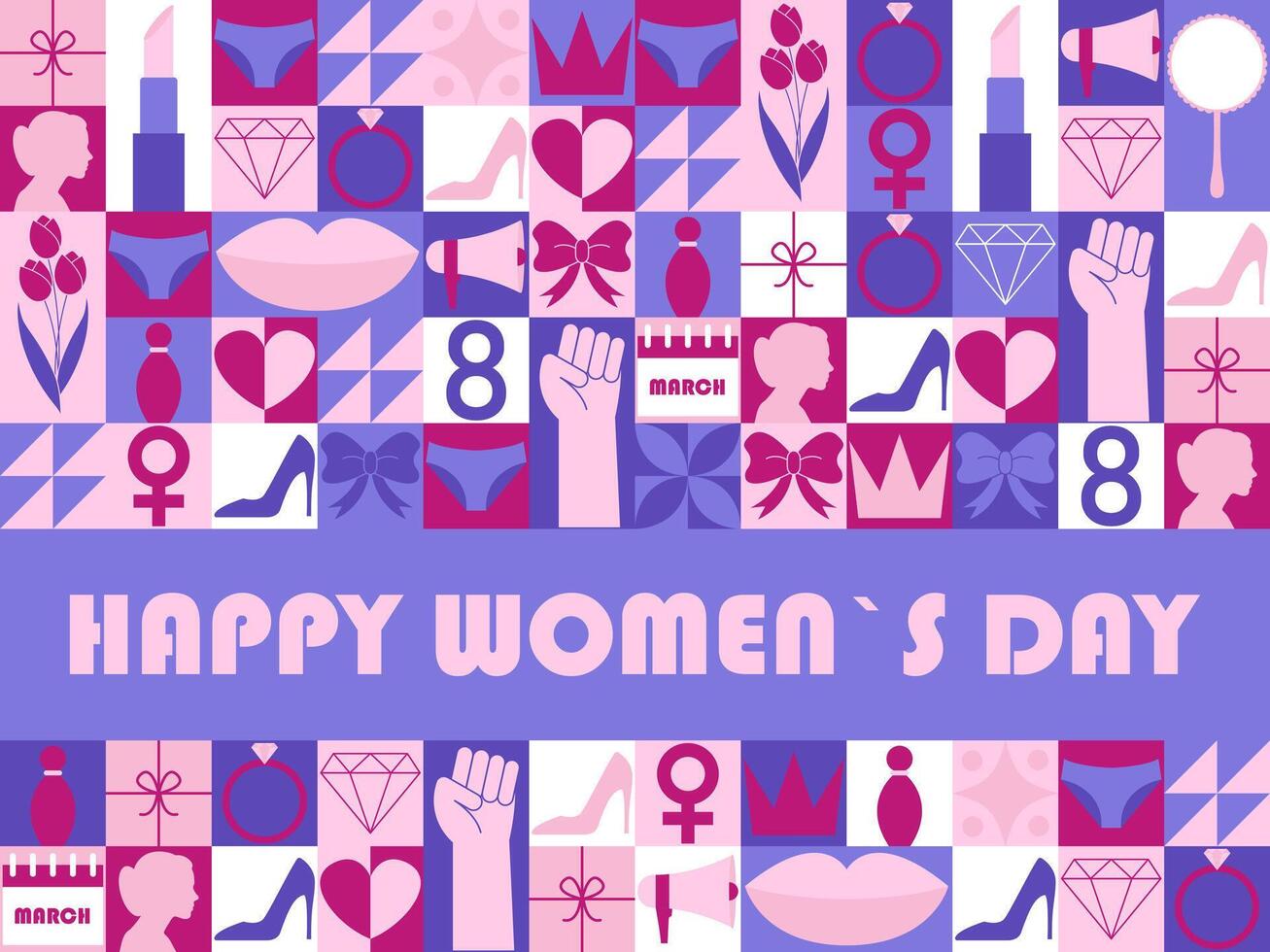 Happy Womens Day modern background with geometric pattern. Festive background with abstract mosaic pattern with hearts, tulips, gifts, lips. illustration vector