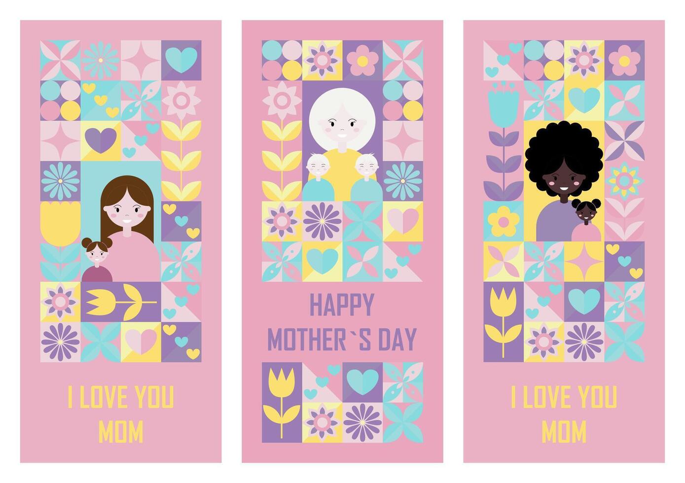 Set of festive vertical banners Happy Mothers Day and I love you mom. Templates for greeting card or invitation in abstract modern geometric style. illustration vector