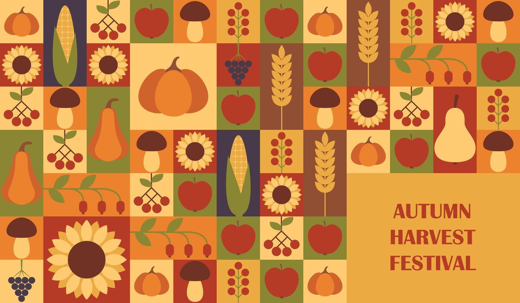 Autumn harvest festival horizontal banner with Bauhaus geometric elements including pumpkin, sunflower, rosehip, spikelet, apple, rowan vector