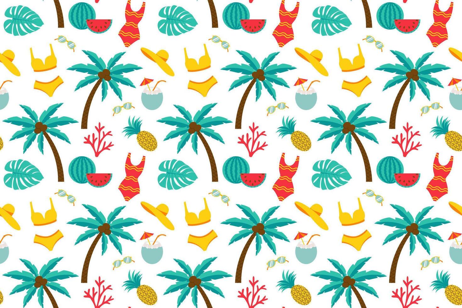 Summer seamless pattern with elements sunglasses, pineapple, watermelon, palm tree, coconut, swimsuit, panama hat, coral, monstera leaf on a white background vector