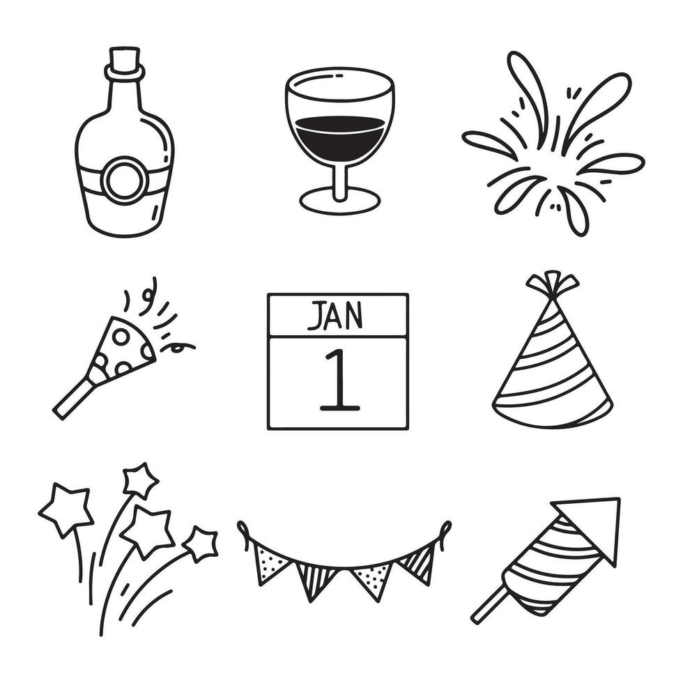 new year icons set over white background, line style, illustration vector