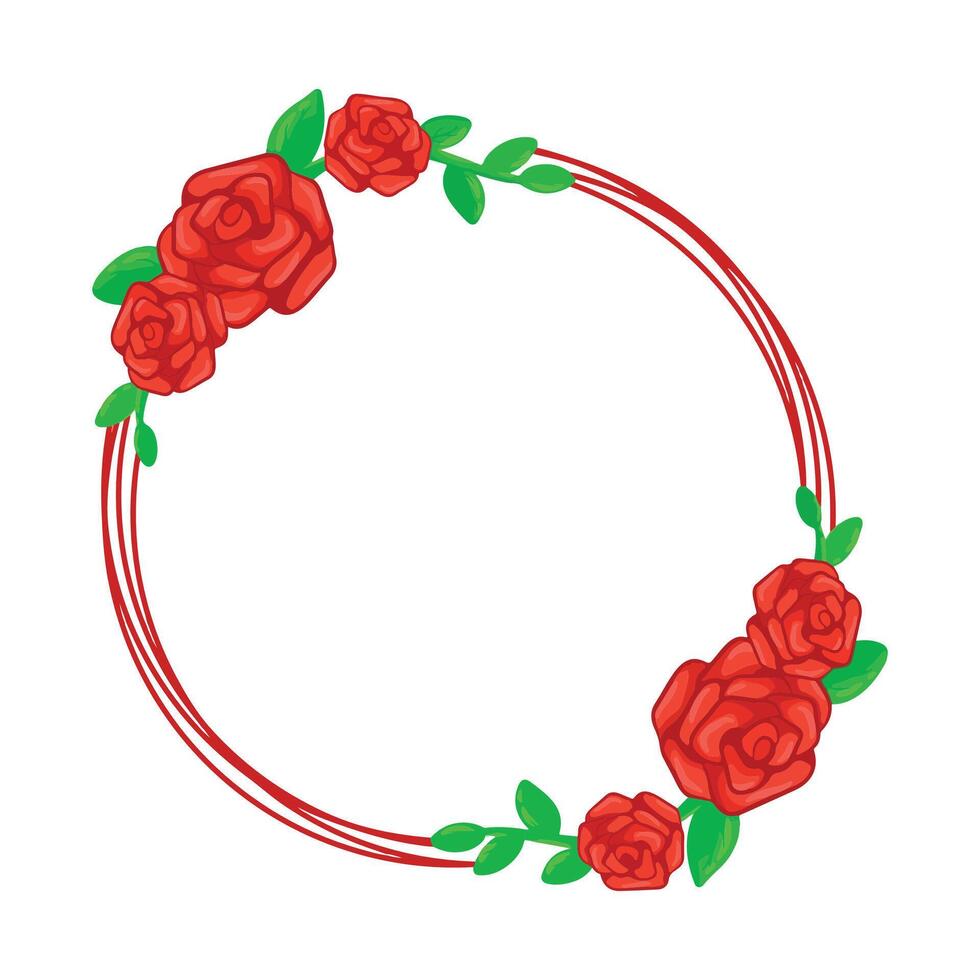 Round frame with red roses and green leaves. clip art. vector