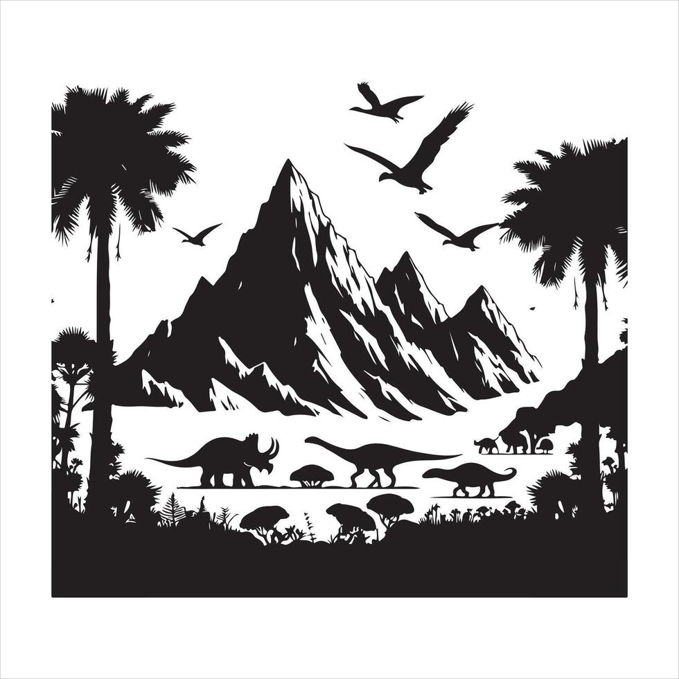 prehistoric landscape silhouette white background vector