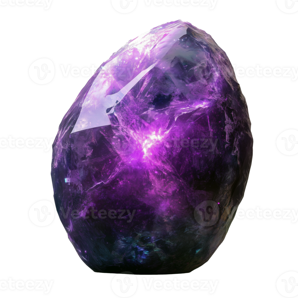 Magic shiny raw amethyst brazilian rock isolated on transparent background with purple glow inside. For jewelry design and for computer game design. Purple stone. png