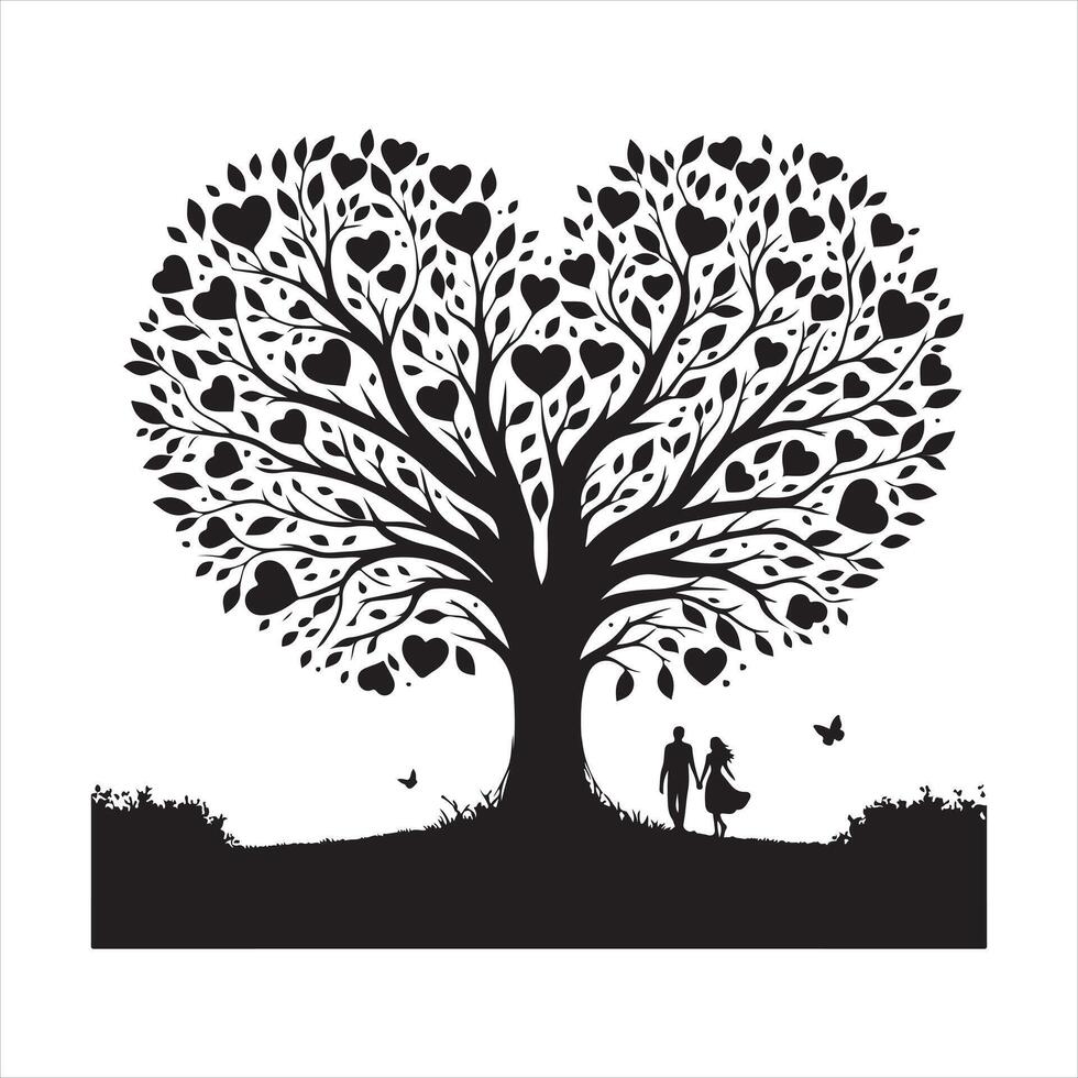 love tree with heart leaves silhouette on white background vector