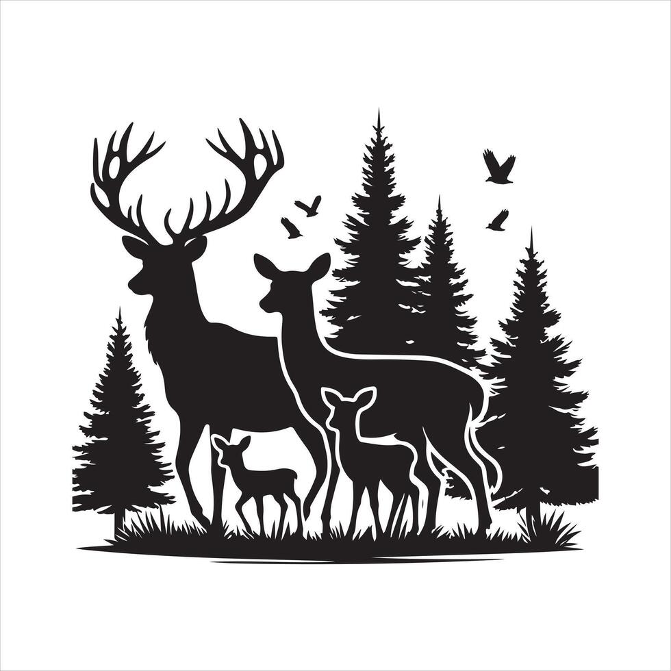 deer family with baby and forest fir trees wildlife silhouette white background vector