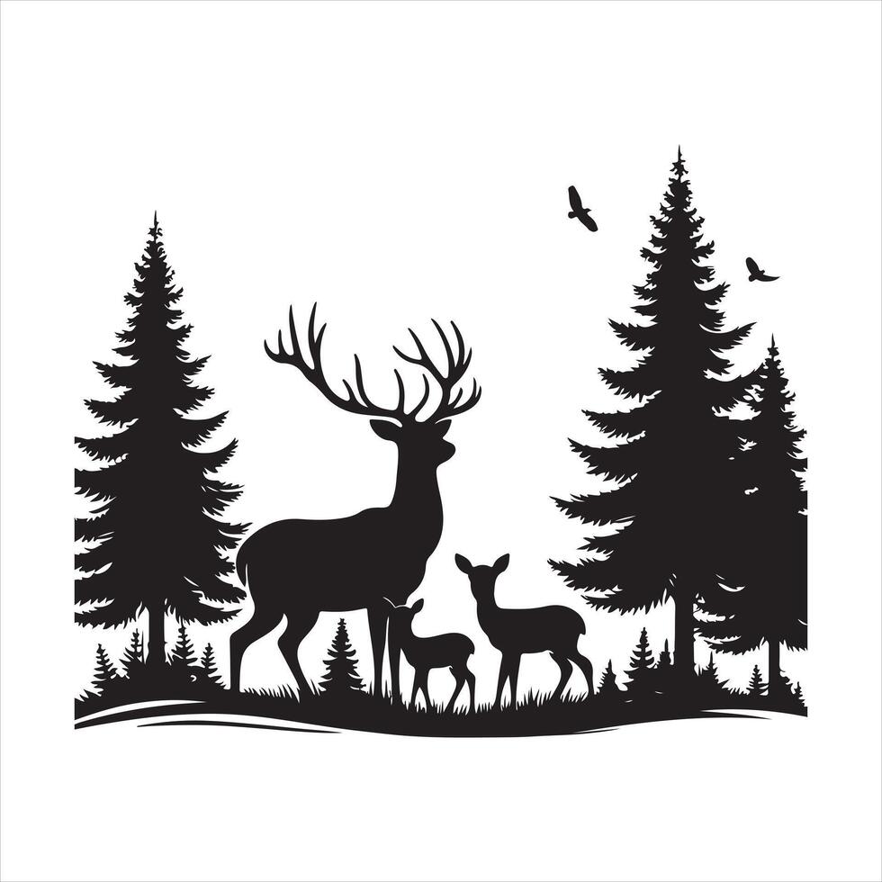 deer family with baby and forest fir trees wildlife silhouette on white background vector