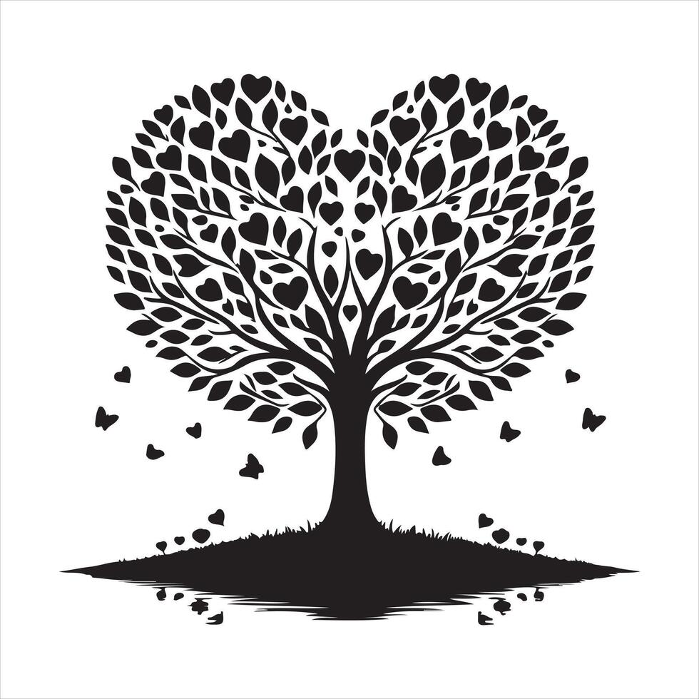 love tree with heart leaves black silhouette on white background vector