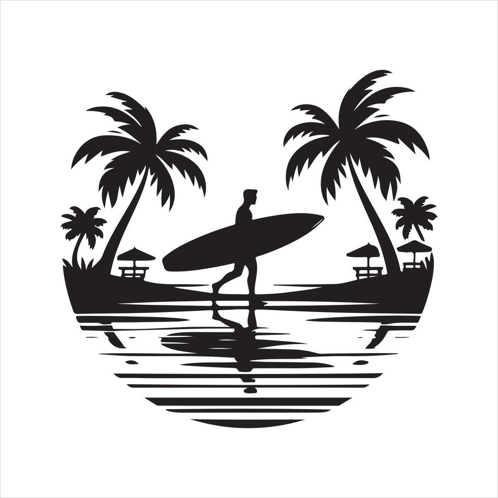 surfing board on the beach silhouette on white background vector