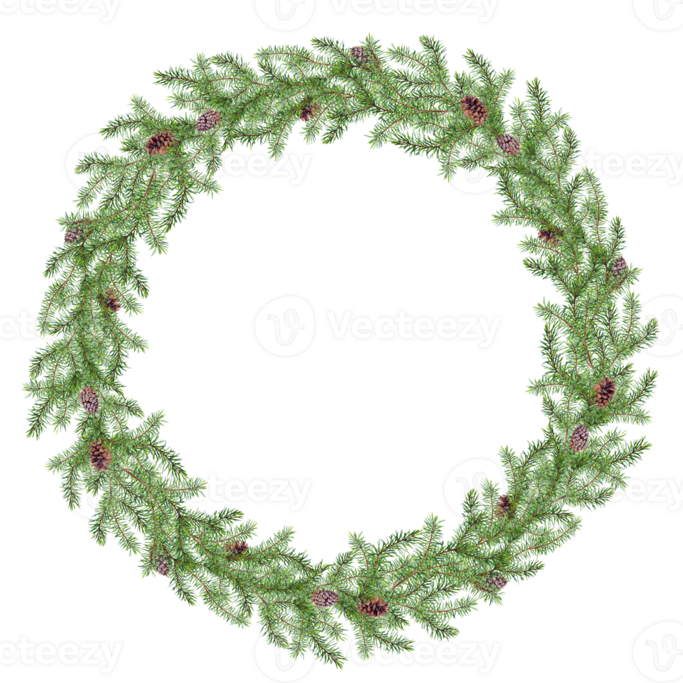Circle fir vignette with fir cones in watercolor technique png