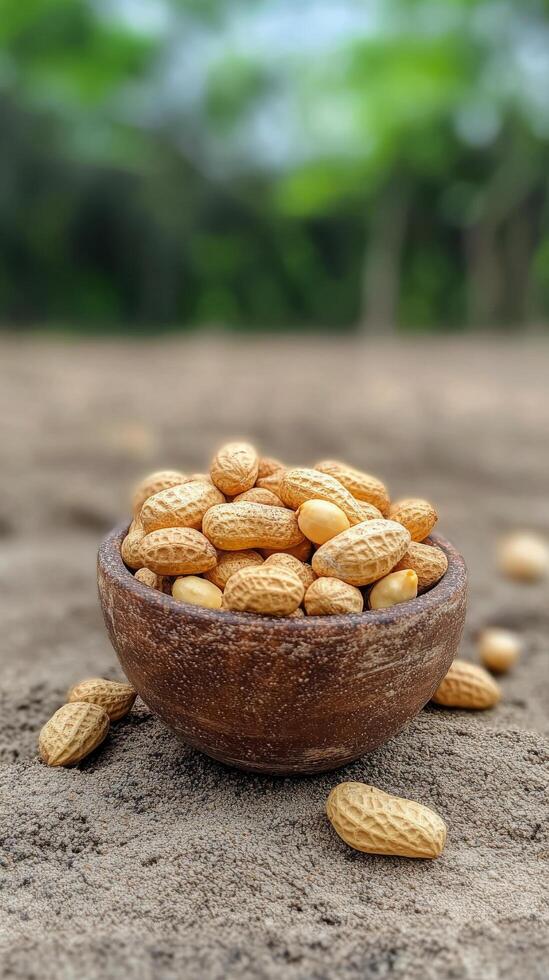 Bowl of raw peanuts on a sandy surface surrounded by greenery in bright daylight photo