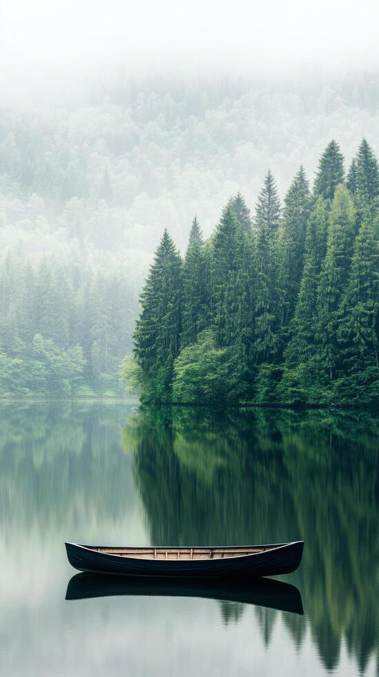 Stillness on a foggy lake with a wooden boat and dense forest photo