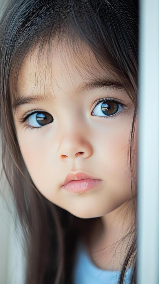 Young child gazing thoughtfully with bright blue eyes in soft natural light photo