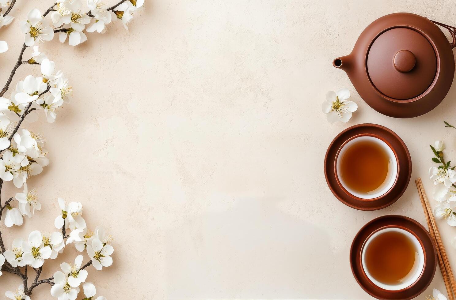 Elegant tea ceremony setup with teapot and flowers on neutral background photo