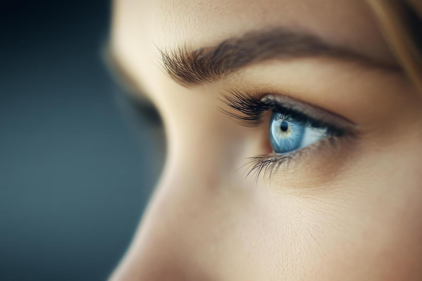 Close up of a womans captivating blue eye with detailed lashes and a soft glow photo