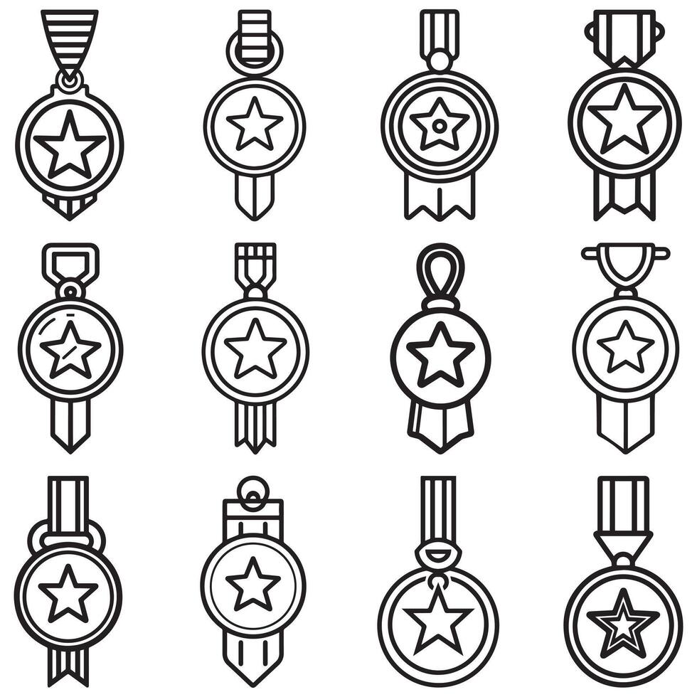 Medal with a ribbon, central star, and hanging ribbons Line drawing design. vector