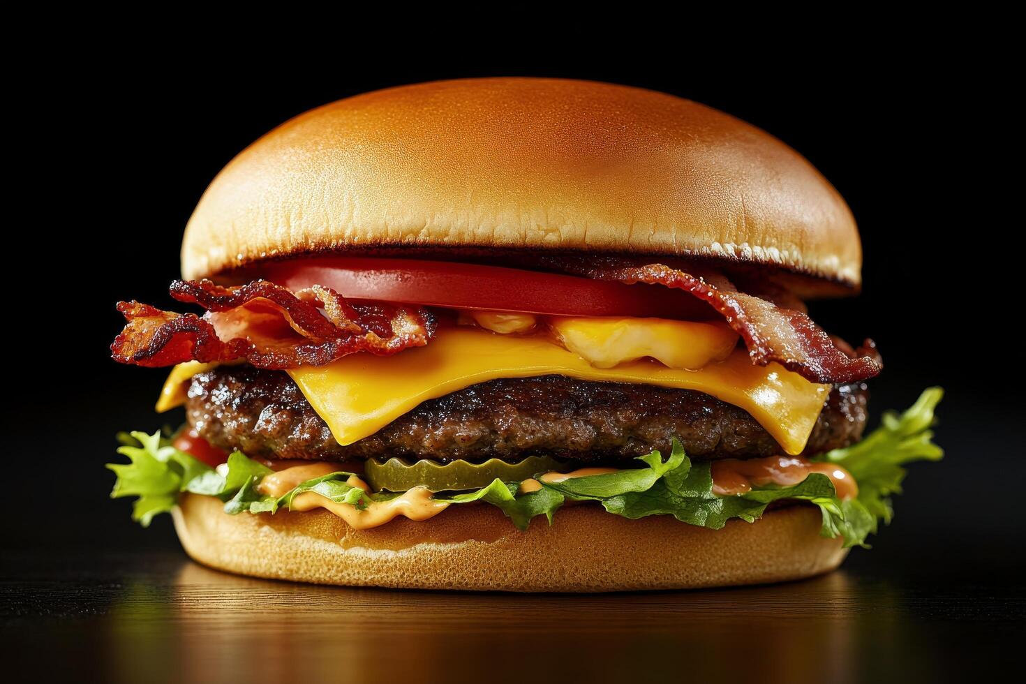 Juicy cheeseburger topped with crispy bacon and fresh lettuce on a sesame seed bun photo