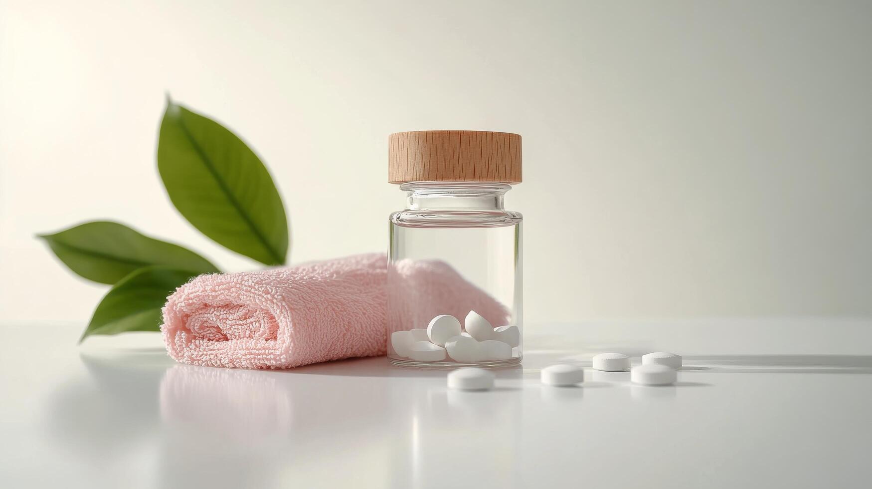 White tablets and a towel placed next to a glass jar on a clean surface photo