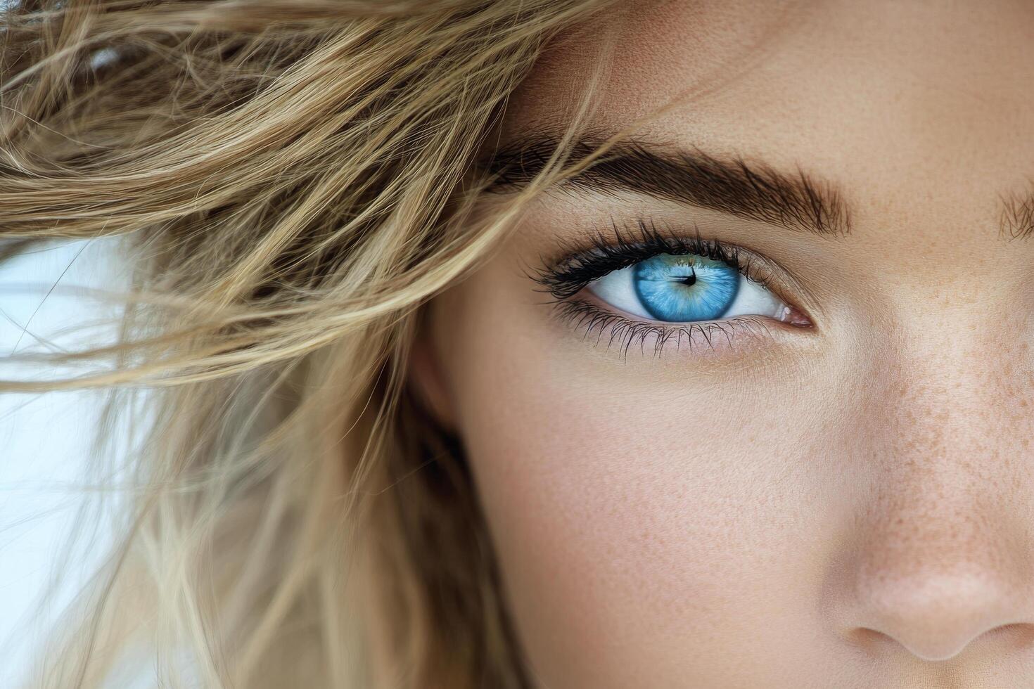 Close up of a womans captivating blue eye with detailed lashes and a soft glow photo