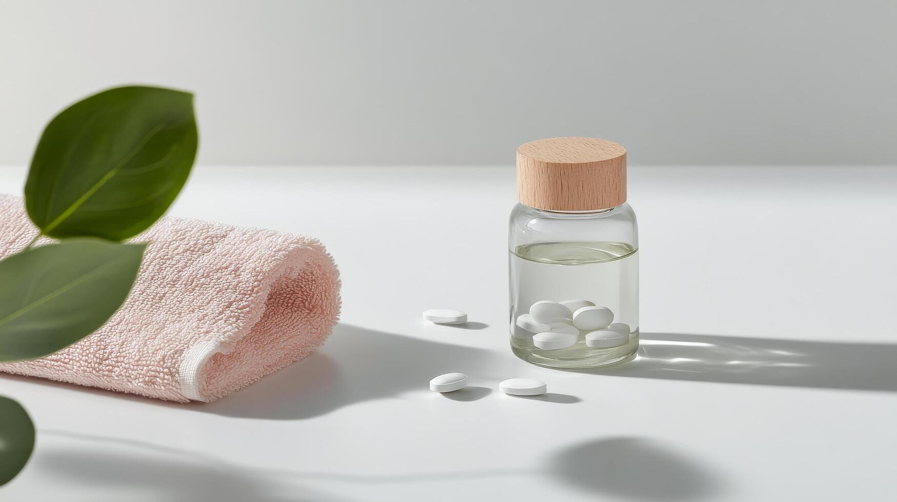 White tablets and a towel placed next to a glass jar on a clean surface photo