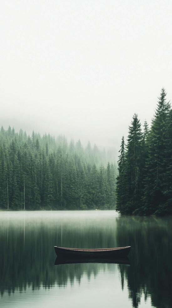 Stillness on a foggy lake with a wooden boat and dense forest photo