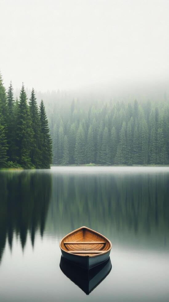 Stillness on a foggy lake with a wooden boat and dense forest photo