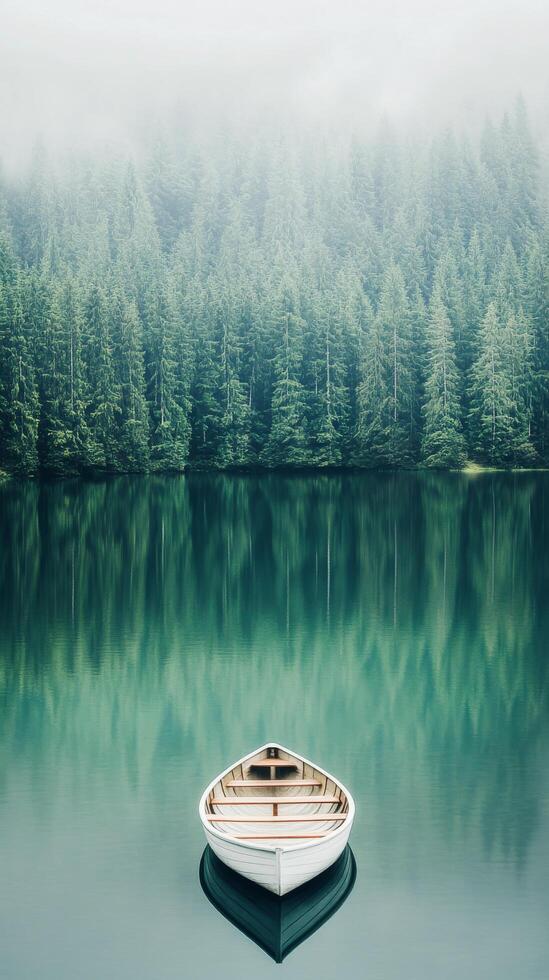Stillness on a foggy lake with a wooden boat and dense forest photo