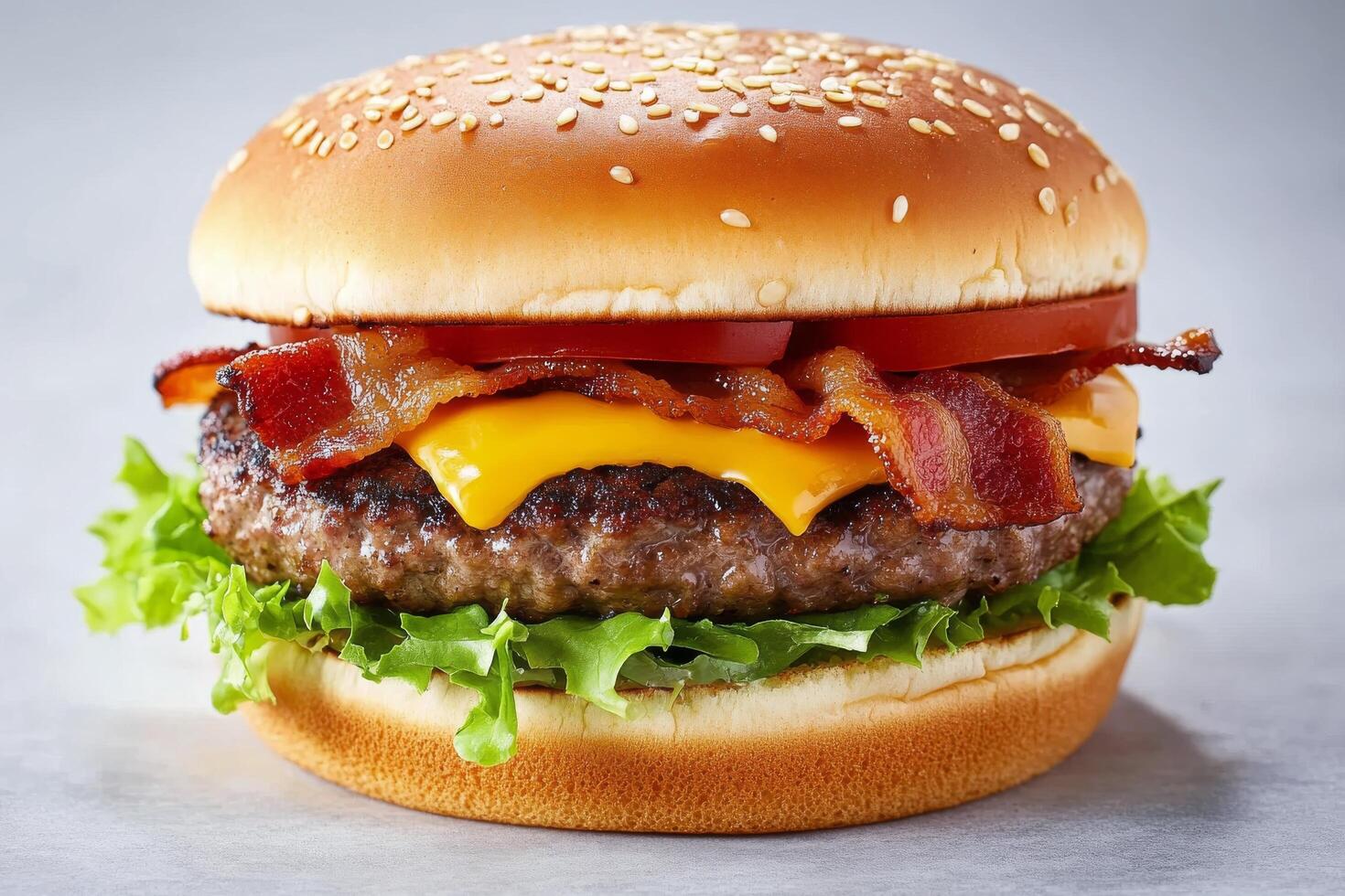 Juicy cheeseburger topped with crispy bacon and fresh lettuce on a sesame seed bun photo