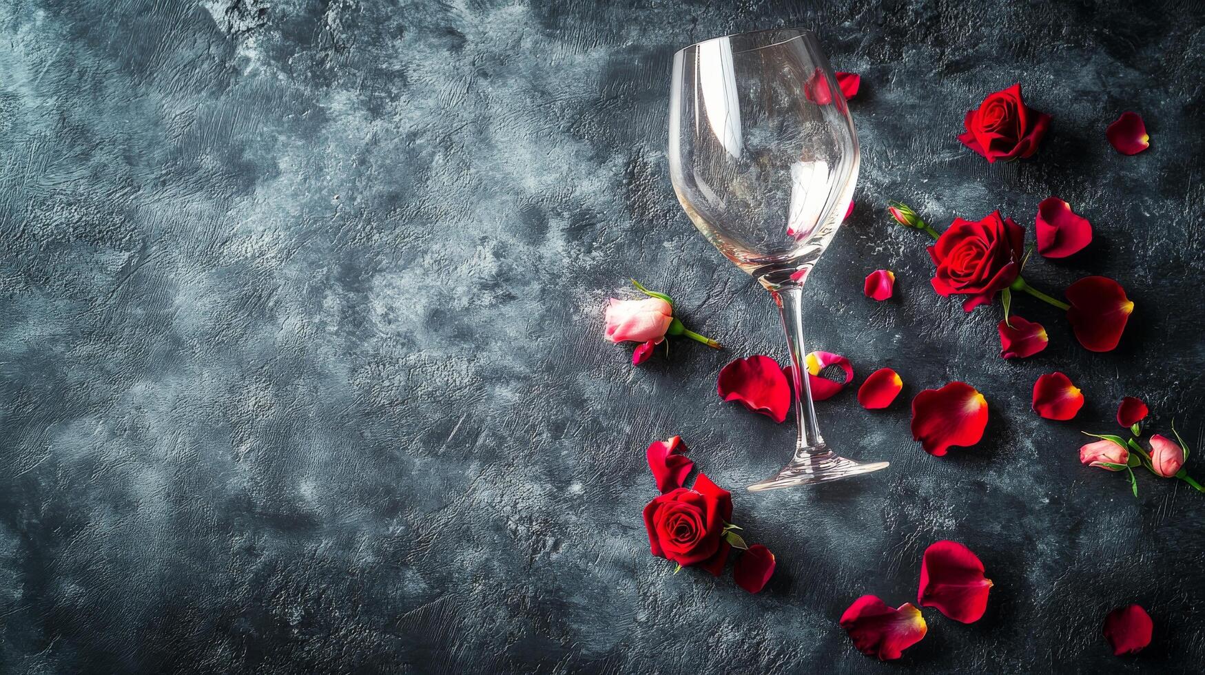 Romantic celebration with red roses and an empty wine glass on a textured surface photo