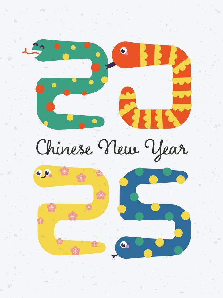 cute Chinese New Year 2025 Year of the Snake. Cute snake illustrations, vertical design, cards, and banners. Chinese designs featuring snakes. Lunar New Year concept, fun cartoon modern style. vector