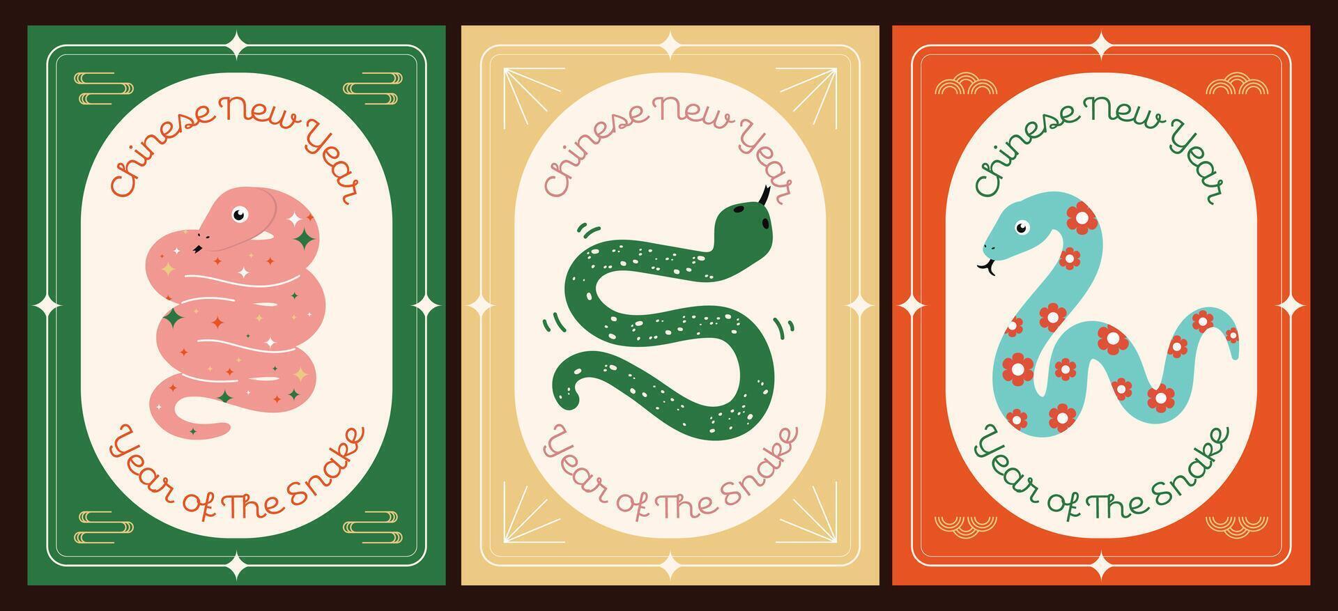 collection Chinese New Year 2025 Year of the Snake. Cute snake illustrations, vertical design, cards, and banners. Chinese designs featuring snakes. Lunar New Year concept, fun cartoon modern style vector