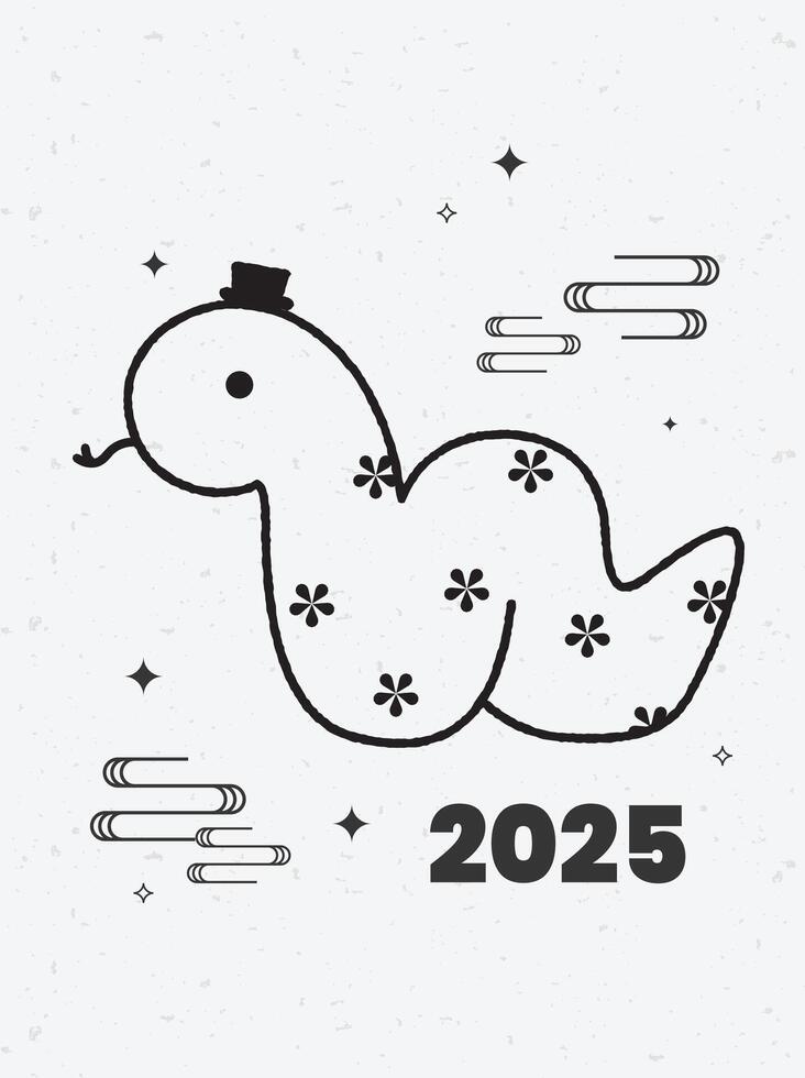 black and white Chinese New Year 2025 Year of the Snake. Cute snake illustrations, vertical, cards, and banners. Chinese designs featuring snakes. Lunar New Year concept, fun cartoon modern style. vector