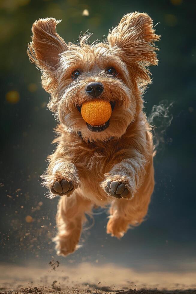 Happy dog joyfully leaps in the air while chasing a bright orange ball in an outdoor setting photo