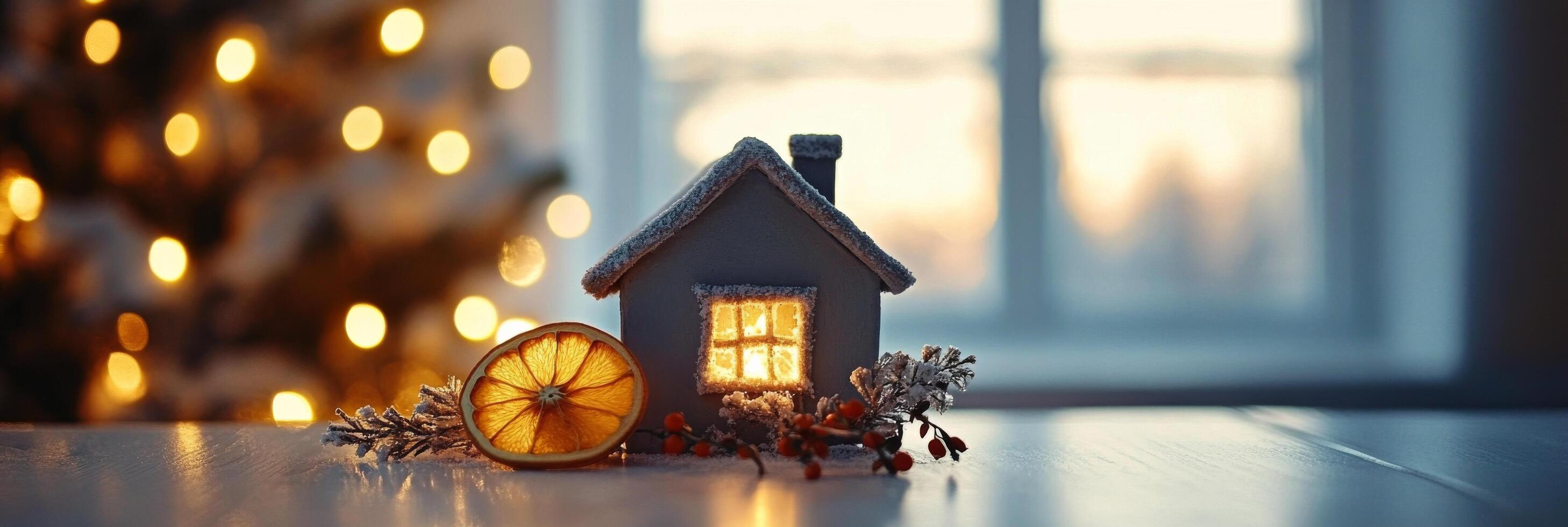 A cozy winter setting featuring a miniature house and dried orange slice near a Christmas tree photo