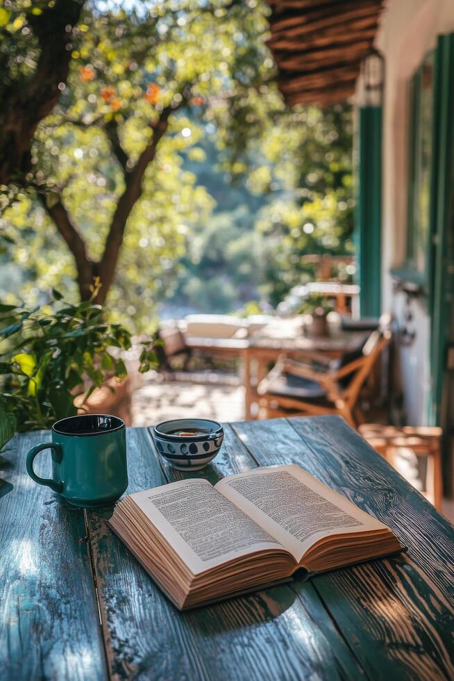 A cozy evening with a book and drink overlooking Pragues historic skyline at sunset photo