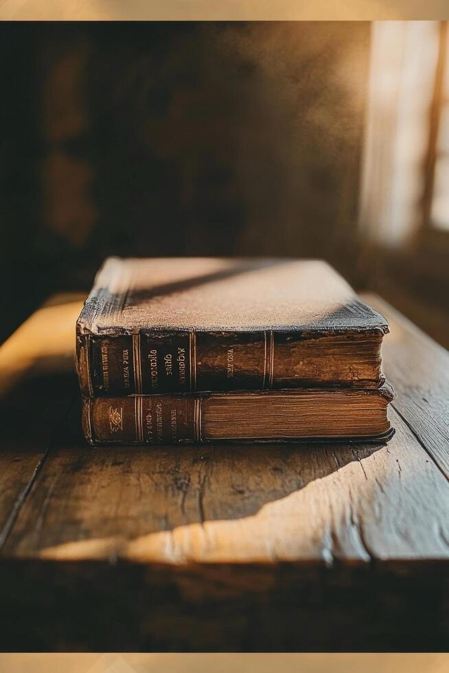 A simple, closed book resting on a rustic wooden stool in a sunlit room with a window photo