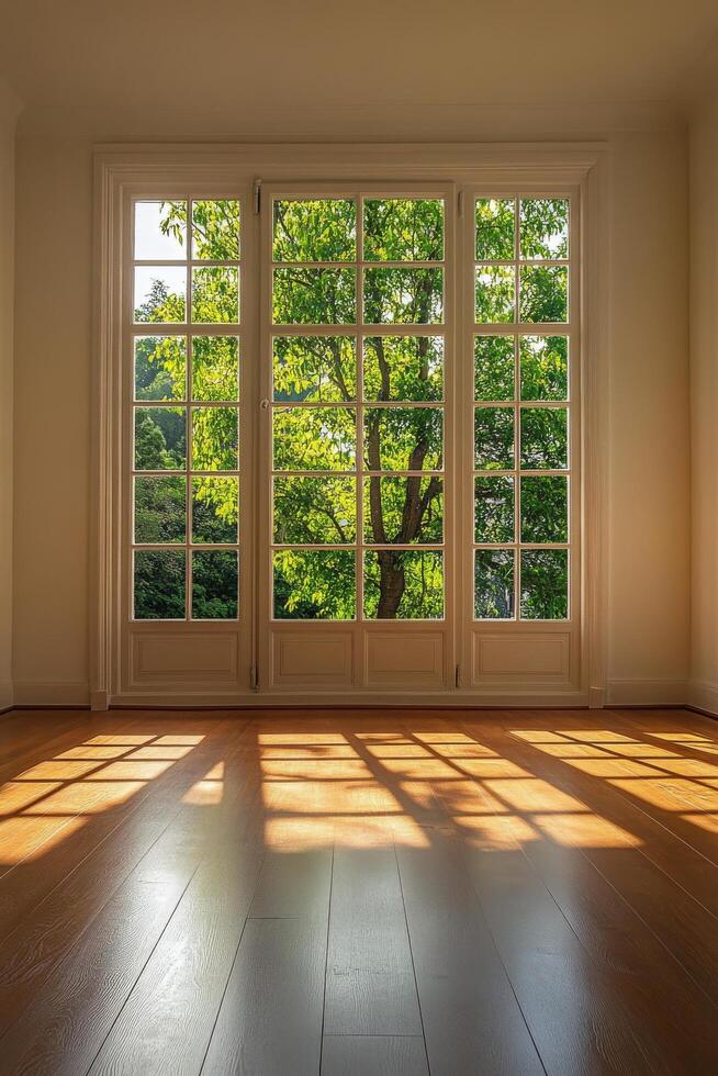 Sunlight streaming through a rustic window in a serene indoor space surrounded by nature photo