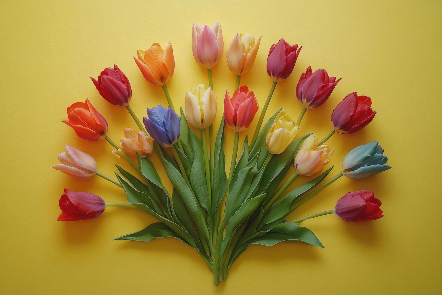 Colorful tulips arranged in a circular pattern on a bright yellow background during spring season photo